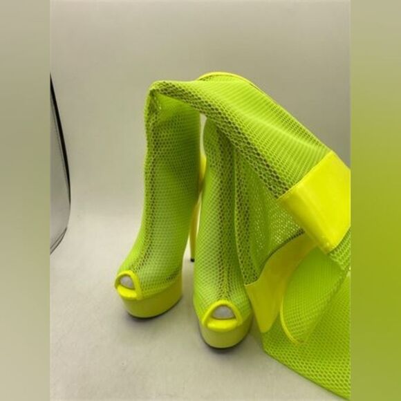 Ellie Neon Yellow Mesh Peep Toe Thigh-High Platform Boots Size 6 NIB - Picture 3 of 5